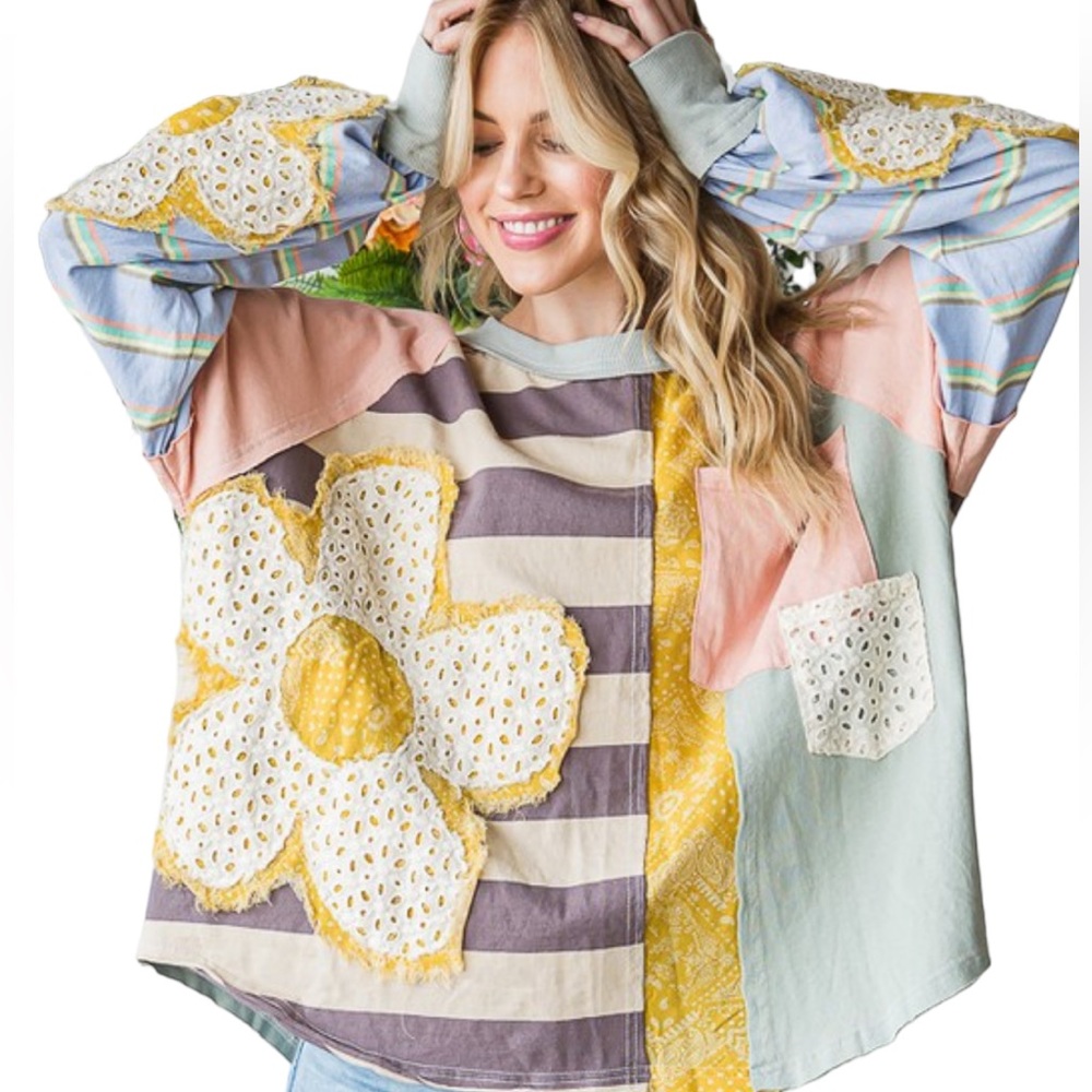 076. Women’s Daisy Multi-Color Patchwork Oversized Top